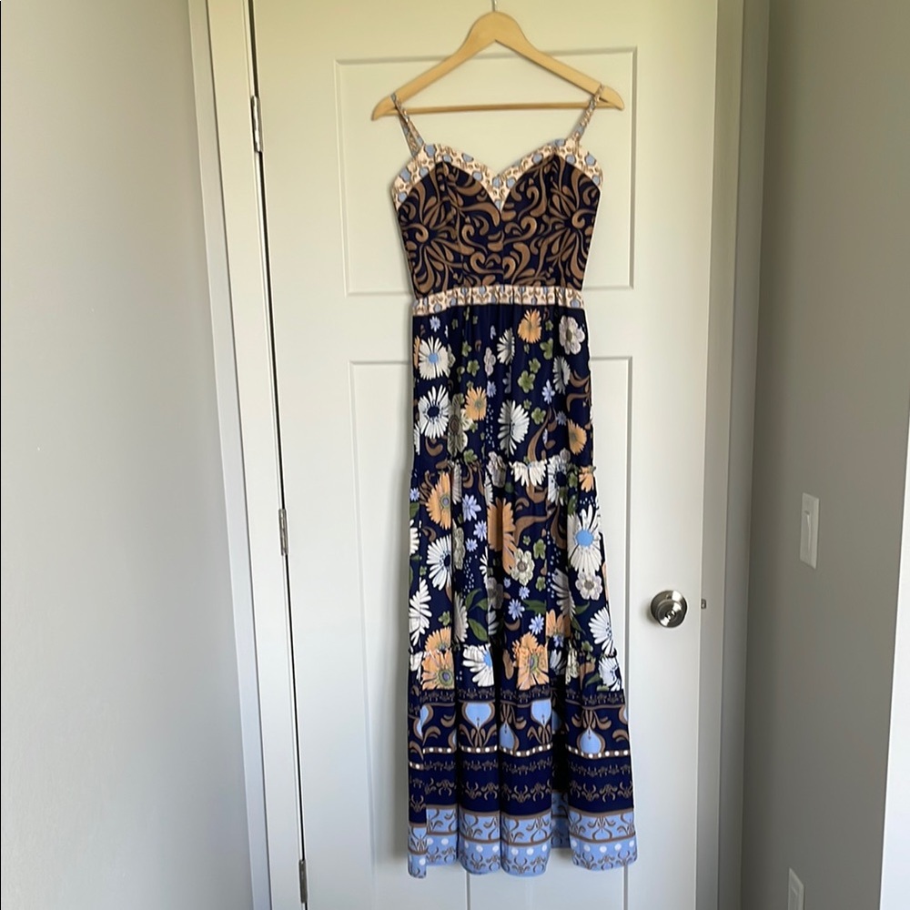 NWT Madewell Agua Bendita Navy Blue and Yellow Tiered Maxi Dress Size S